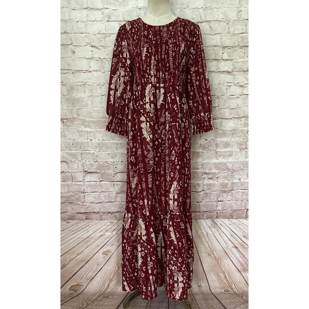 Soft Surroundings Dress Marlais Bohemian Burgundy Red Floral Tiered Maxi Size 6